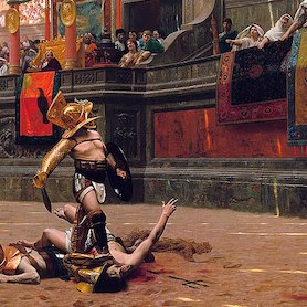 Picture of three gladiators fighting in an arena. Two is on the ground and the other is looking up to the crowd.