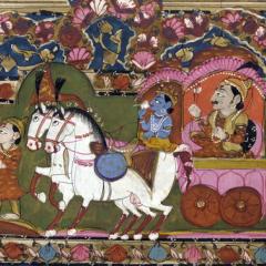 Krishna and Arjun on the chariot, Mahabharata, 18th-19th century, India, by Anonymous (Smithsonian Freer Sackler Gallery) [Public domain], via Wikimedia Commons 