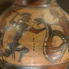 Cadmus fighting the dragon. Side A of a black-figured amphora from Euboea, ca. 560–550 BC.; Image via Wikimedia Commons, Public Domain